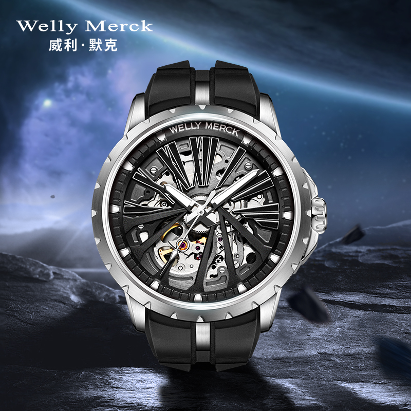 welly merck威利默克手表男新款自动机械表品牌正品防水时尚男表大表盘镂空腕表WM080M高清大图