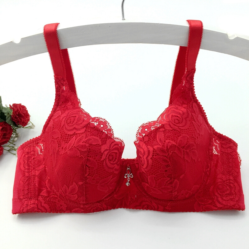 女士性感本命大红色文胸套装结婚新娘内衣内裤薄款拢胸罩折扣