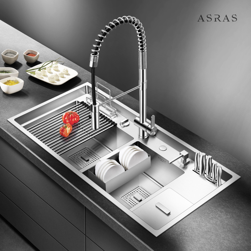 阿萨斯大型304不锈钢厨房手工水槽双槽洗菜盆套餐带垃圾桶加厚报价 参数 图片 视频 怎么样 问答 苏宁易购