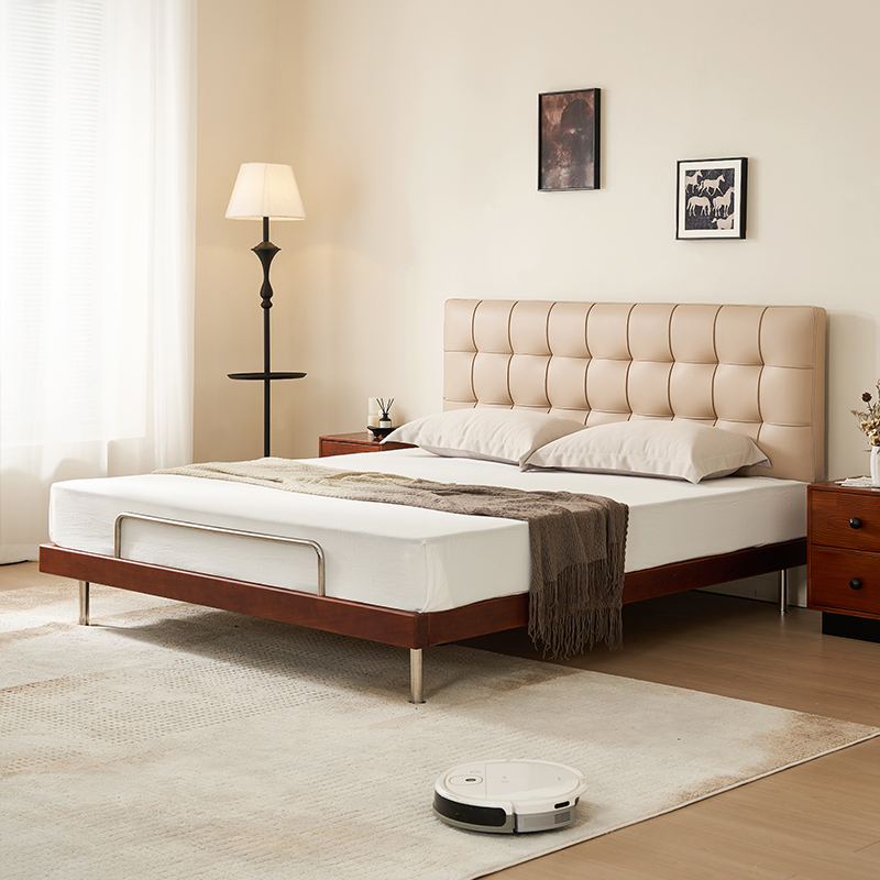 实木床超薄床华夫格包豪斯高脚床双人床主卧床卧室床婚床皮艺软包床高清大图