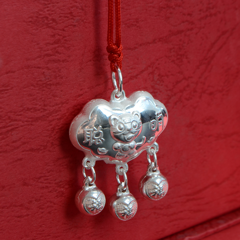 足银宝宝银锁婴儿满月百天周岁新年礼物龙凤福字长命富贵如意锁配红绳