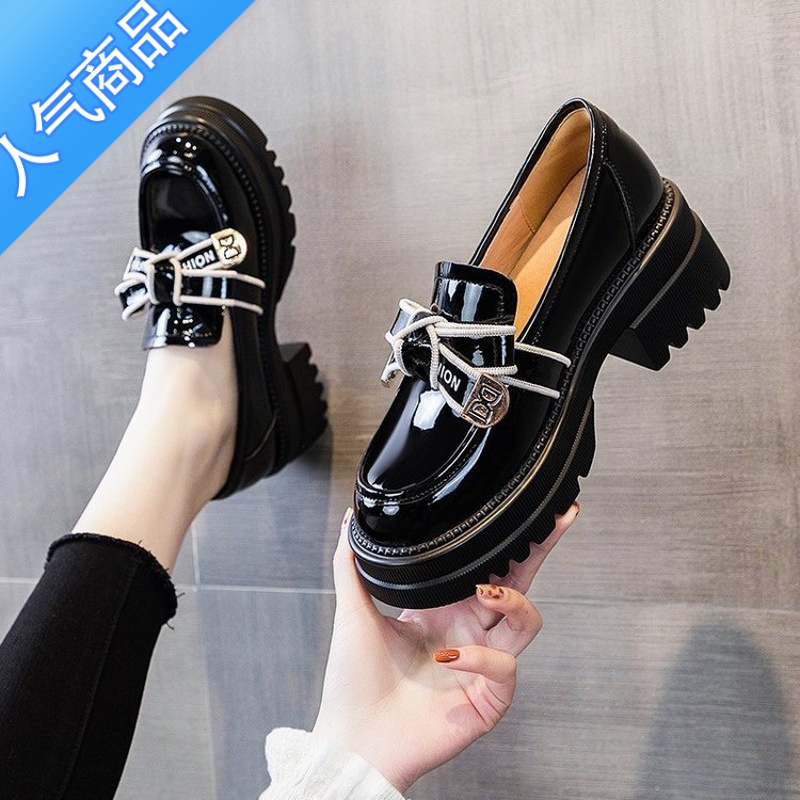 SUNTEK英伦风小皮鞋女春秋2023新款夏季透气网纱单鞋增高黑色乐福鞋高清大图