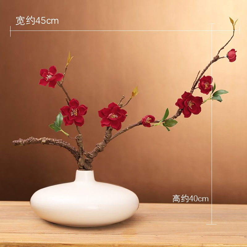 小窝厘 仿真花禅意摆件桌面假花装饰 白花瓶+红色山茶花套装高清大图