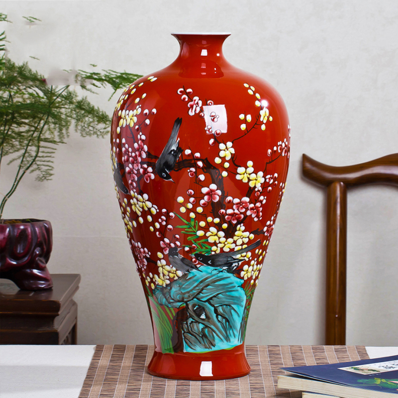 彩帮景德镇手绘陶瓷器花瓶插花中式家居客厅玄关电视柜装饰摆件礼物 宝蓝石榴