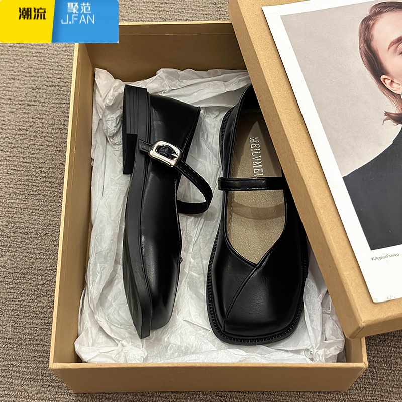 聚范凉鞋女夏季平底玛丽珍单鞋2024新款休闲乐福豆豆鞋晚晚鞋黑色皮鞋 黑色 36
