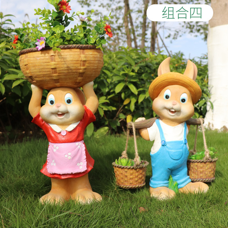 小窝厘 卡通兔子雕塑摆件户外树脂工艺品花园庭院花缸创意花盆装饰 小号举篮女兔D款 长21宽19高44(CM)
