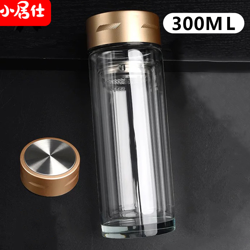 小居仕双层玻璃杯黑盖金盖可选防烫防爆便携水杯家用办公车载茶杯耐高温大容量冷热两用商务杯