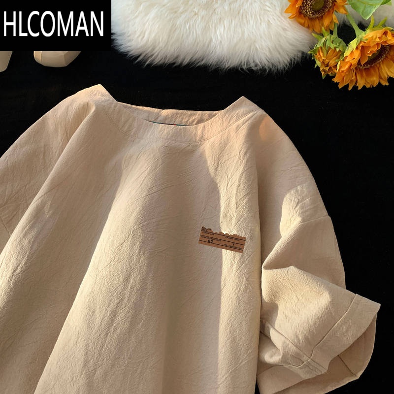 HLCOMAN杏色亚麻半袖速干男t恤棉麻圆领复古宽松短袖上衣服夏青少干高清大图