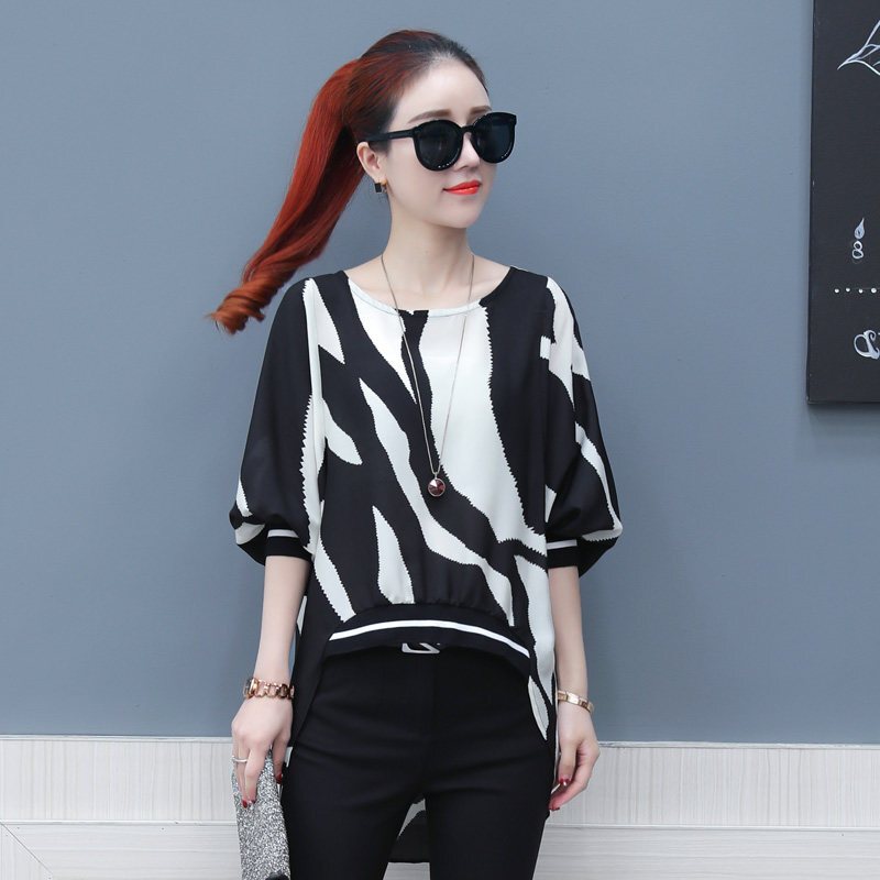 夏季雪纺衫女2018夏装新款韩版宽松女装时尚印花前短后长上衣小衫