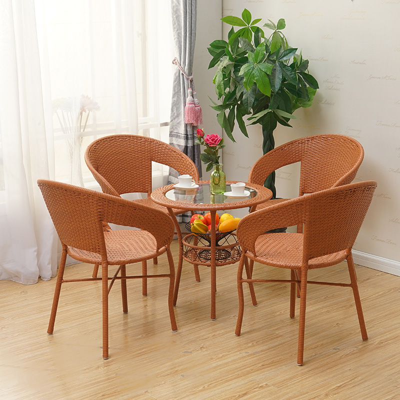 阳台小圆桌椅玻璃圆桌子钢化藤编茶几圆形边角几简约休闲桌小户型
