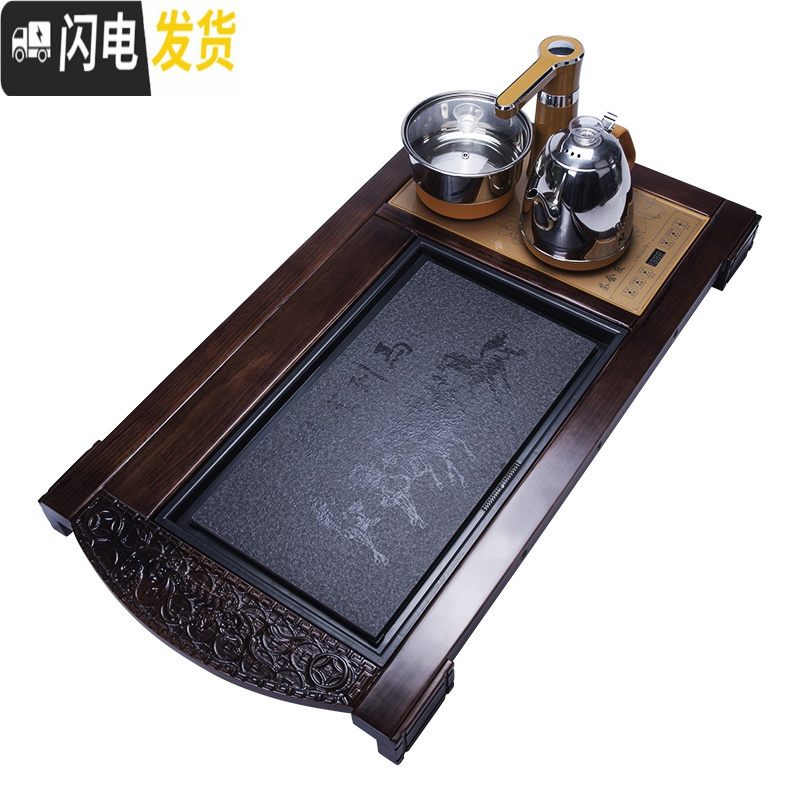 三维工匠实木茶盘套装全自动一体乌金石头家用茶台现代简约托盘长方形茶托 四合一瓷石茶盘兰花-棕黑搭mz烧水壶茶具