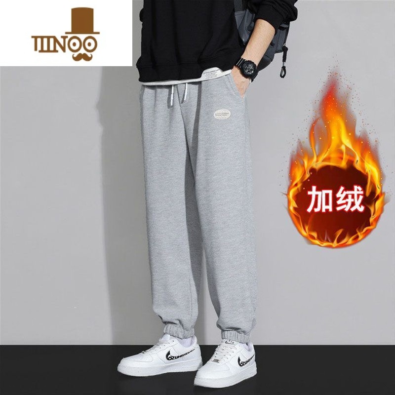 YANXU华夫格卫裤男百搭ins潮流加绒运动长裤宽松束脚大码休闲裤高清大图