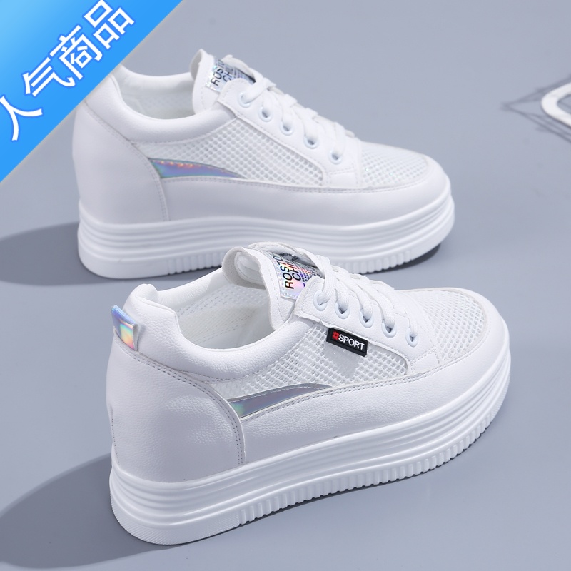 SUNTEK内增高小白鞋女鞋显瘦韩版百搭松糕厚底女网鞋2023夏季透气轻便鞋高清大图