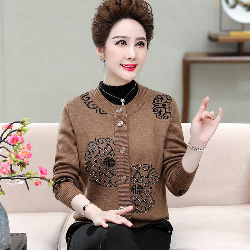 品牌送礼妈妈装羊绒衫女中老年奶奶宽松加大码毛衣本命年老太太开衫女羊绒开衫女印花毛衣女中老年人保暖羊毛衫加绒外套 345驼色 XL