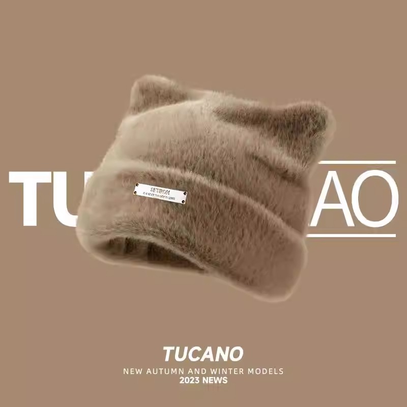 帽子女冬季可爱猫耳朵针织冷帽毛线帽百搭护耳保暖包头毛绒堆毛耳高清大图