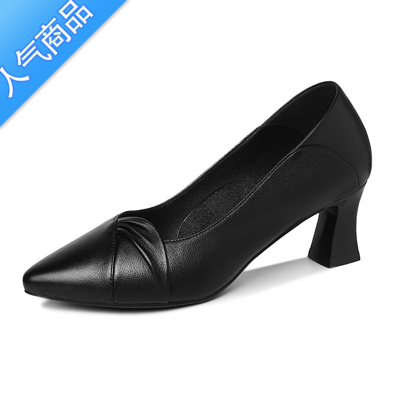 SUNTEK粗跟皮鞋女英伦2023年春秋季新款百搭一脚蹬乐福鞋女浅口单鞋高清大图