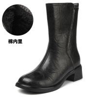 靴子女秋冬季新款真皮女式中筒靴粗跟软底复古大码皮靴马丁靴 黑色绒里 38