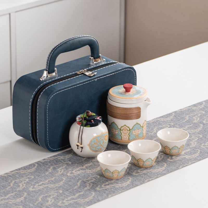 华普思旅行茶具套装 户外便携陶瓷快客杯月白【古韵】一壶三杯+罐+蓝皮包