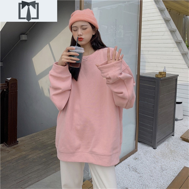 SUNTEK甜美风蓝色无帽卫衣加绒女小清新简约字母韩版上衣中长款宽松外穿卫衣