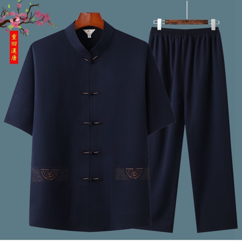 唐装男中老年汉服中国风短袖休闲套装单件爷爷夏季半袖复古爸爸装 灰色/金丝扣[单件上衣] 165/39[建议90-110]
