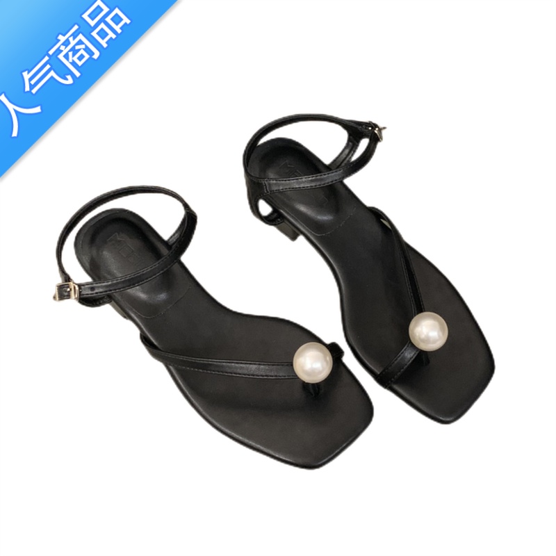 SUNTEK珍珠凉鞋女2023年新款韩版温柔仙女风气质一字扣带法式粗跟罗马鞋高清大图