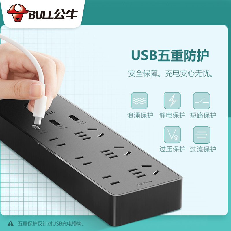 公牛插座65W充电器家用床上多功能带typec接口usb孔快充排插线