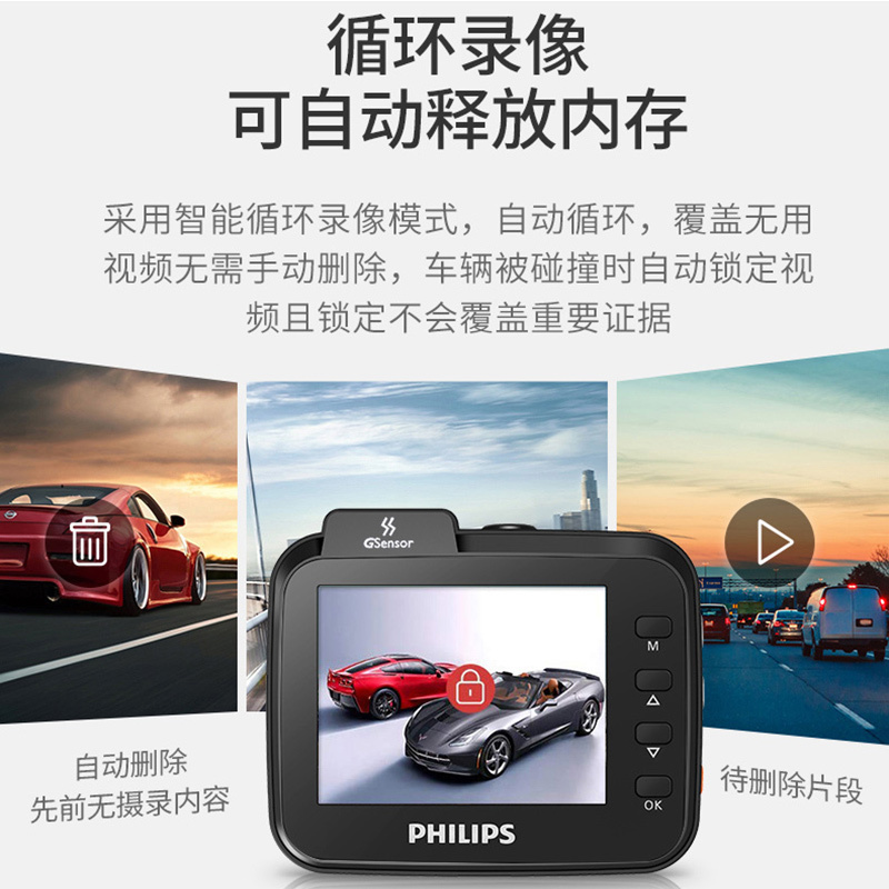 飞利浦（PHILIPS）行行车记录仪免安装汽车载高清夜视隐藏式停车监控24小时CVR208 搭配64G卡