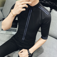 清新纯色七分袖衬衫男帅气韩版修身中袖衬衣型师会所工作服短袖
