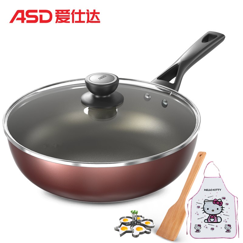 爱仕达（ASD）锅炒锅不粘锅家用炒菜锅28CM麦饭石色平底煤气灶专用锅子少烟不沾燃气适用锅具煎炒锅小 28CM 红色 28CM红色JL28G2WG-C 煎锅