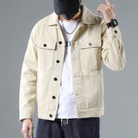 蓝缕金(LANLVJIN)男士夹克春季2021新品翻领修身水洗棉涤牛仔夹克衫青年开衫单排扣短款外套韩版休闲牛仔衣男装