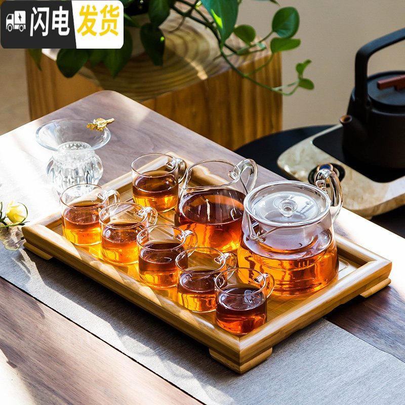 三维工匠耐热玻璃茶具套装家用功夫茶具带过滤不锈钢内胆泡花茶壶茶杯整套 透明色亮彩壶10件套+小平板排水茶盘高清大图