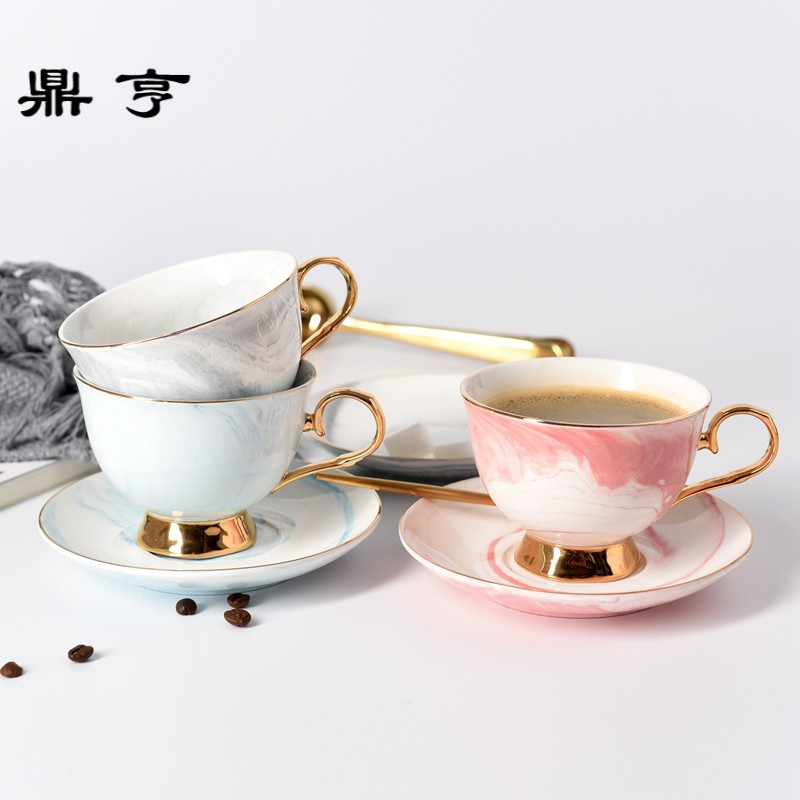鼎亨北欧风简约大理石纹金边陶瓷咖啡杯碟英式创意下午茶花茶杯红