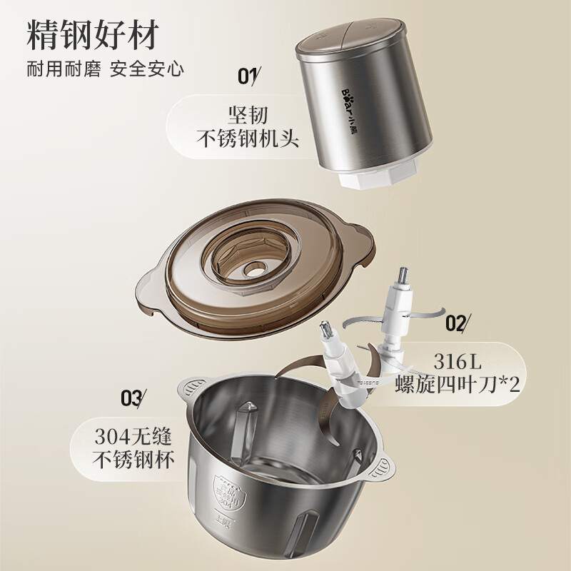 小熊绞肉机家用 碎肉机 电动多功能料理搅拌机饺子肉馅蒜蓉机 搅肉机 2L大容量全不锈钢杯高清大图