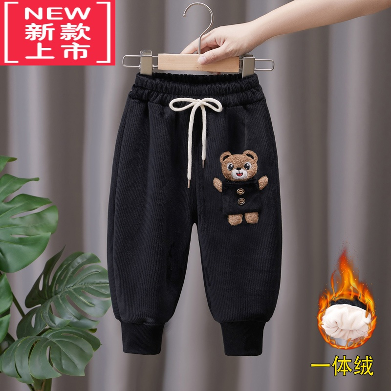 可莉允儿童秋冬加绒长裤男女童一体绒裤子宝宝外穿保暖裤童装新款条绒裤
