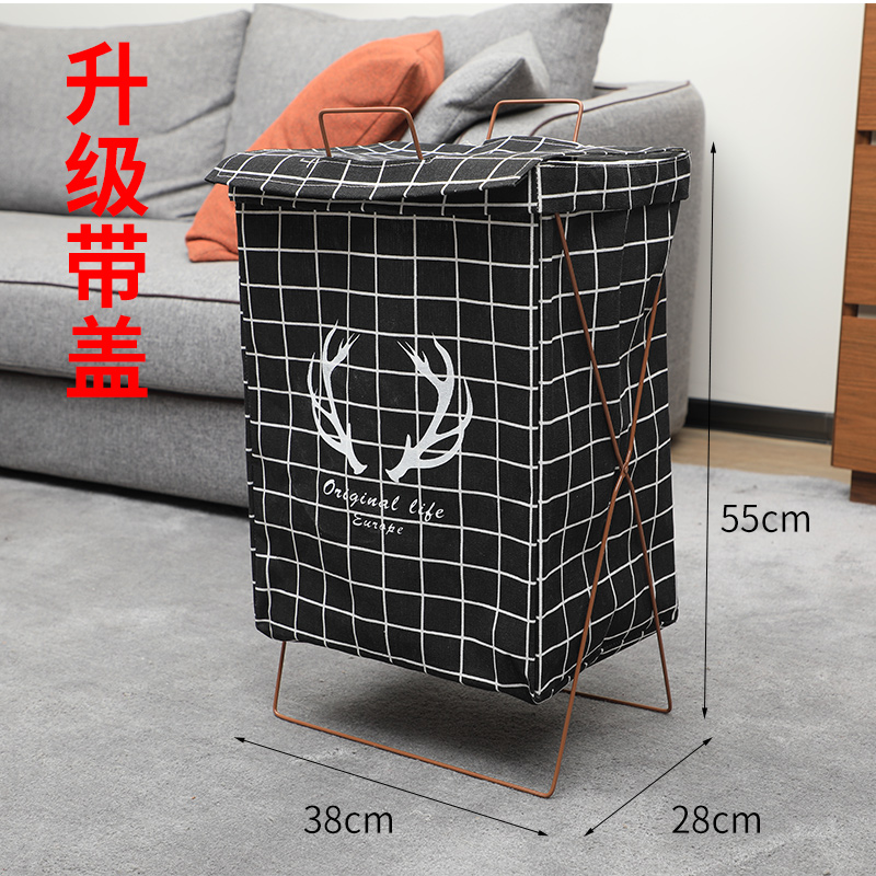 北欧玩具脏衣服收纳筐脏衣篮篓桶可折叠装防水家用布艺大号卫生间 黑色鹿角带盖铁架