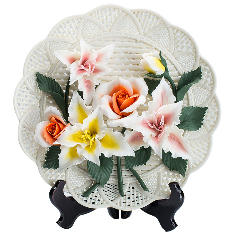 艺术花卉挂盘工艺礼品洛阳牡丹花陶瓷花盘 结婚创意客厅装饰摆件 三维