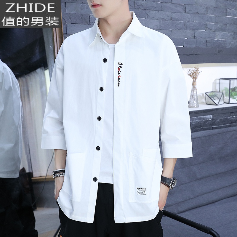SUNTEK短袖衬衫男夏季韩版潮流休闲宽松七分袖上衣服男士衬衣工装外套男衬衫高清大图