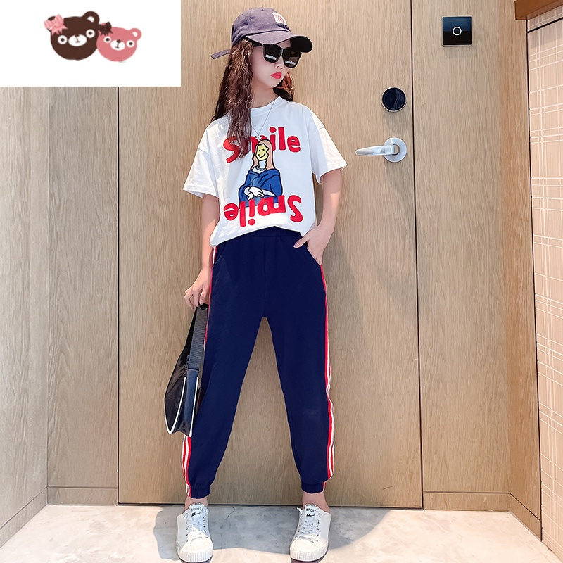 绿彩虹光女童夏装套装2022新款洋气时髦运动夏季童装中大童儿童女孩衣服潮