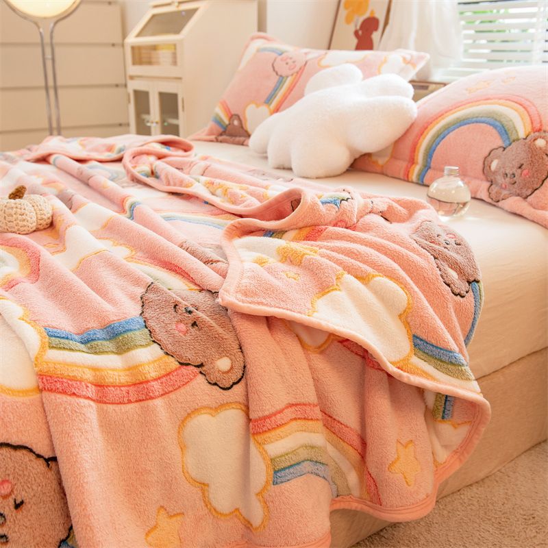 毛毯盖被珊瑚绒床单铺床法兰绒毯子季加午睡毯加厚加绒冬天 彩虹白云加厚双面绒抗寒保暖 230x250cm可铺可盖