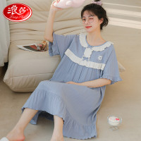 浪莎睡裙女夏季少女中长睡衣女生棉质肤可爱宽松外穿家居服 海盐湖蓝 XXXL XXXL