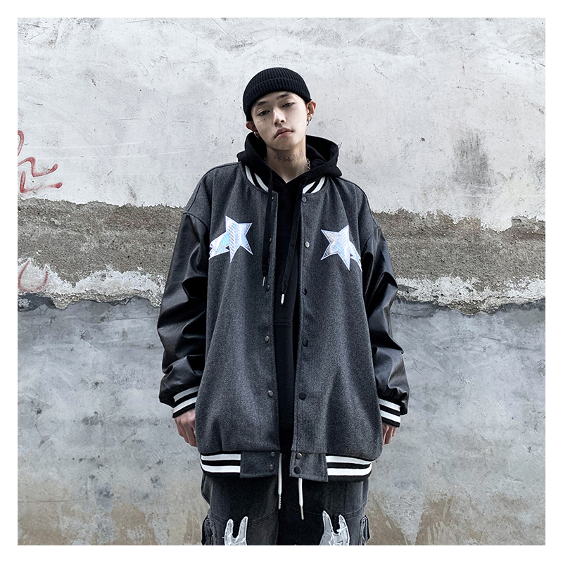 suntek国潮原创高街风复古拼接pu皮质棒球服夹克男美式街头外套夹克