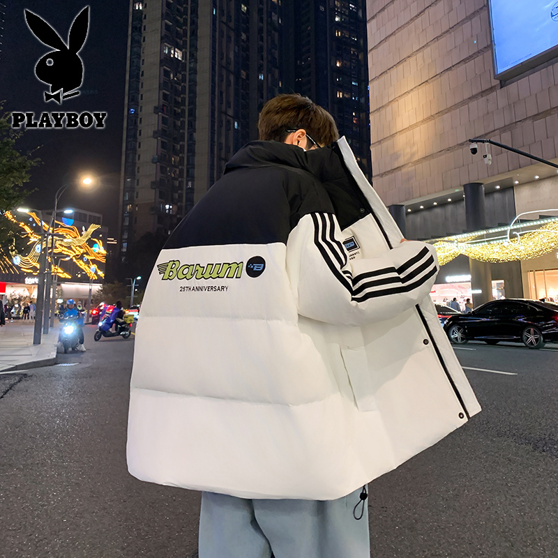 花花公子新款白鸭绒立领外套潮款拼接撞色羽绒服阔版保暖高清大图