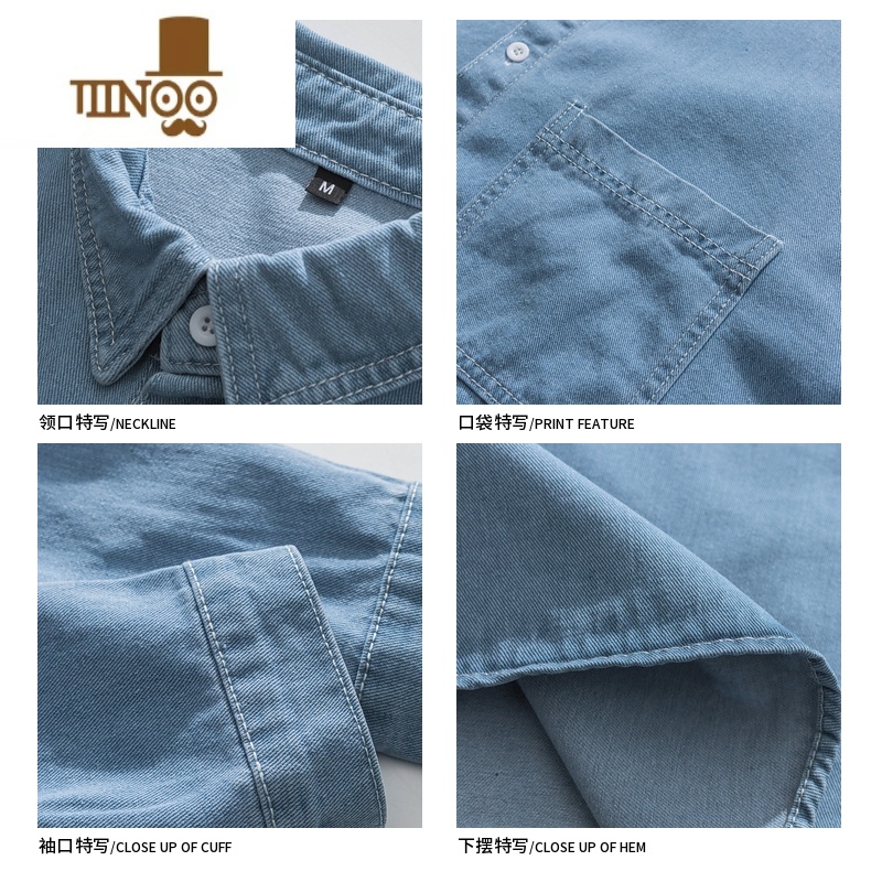YANXU日系复古简约纯色做旧牛仔长袖衬衫男潮牌街头宽松bf衫系高清大图