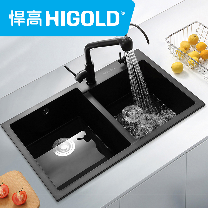 HIGOLD/悍高石英石双槽水槽套装 厨房家用洗菜盆洗碗池水池手工水槽