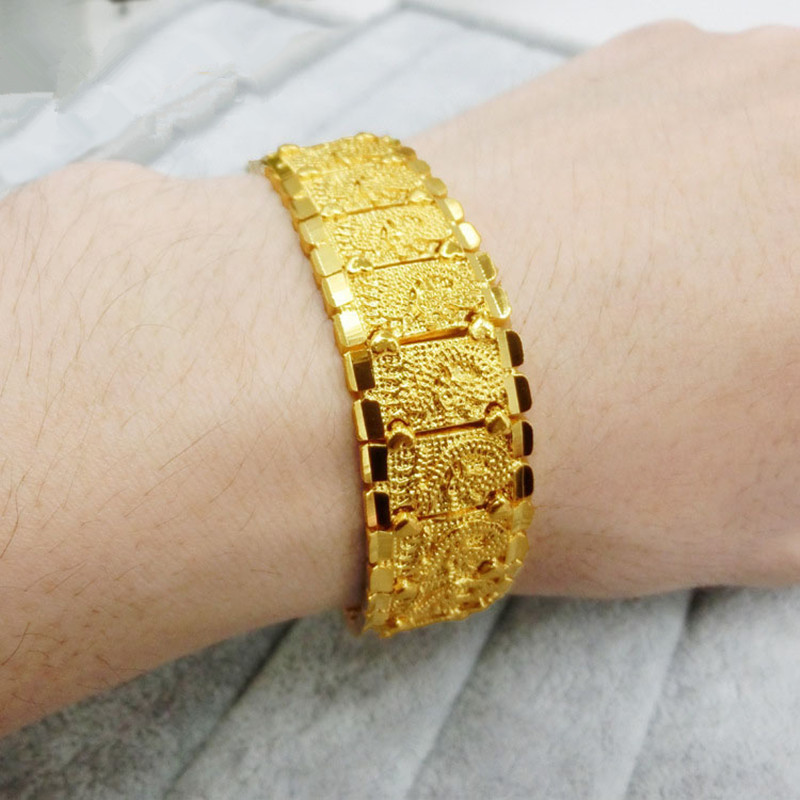 黄金色手环宽版手链男款仿黄金手饰品送女朋友七夕情人节礼物