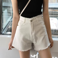 [2.5折价67元]唐狮牛仔中短裤子女百搭米白色牛仔腰头毛边短裤休闲时尚牛仔热裤女