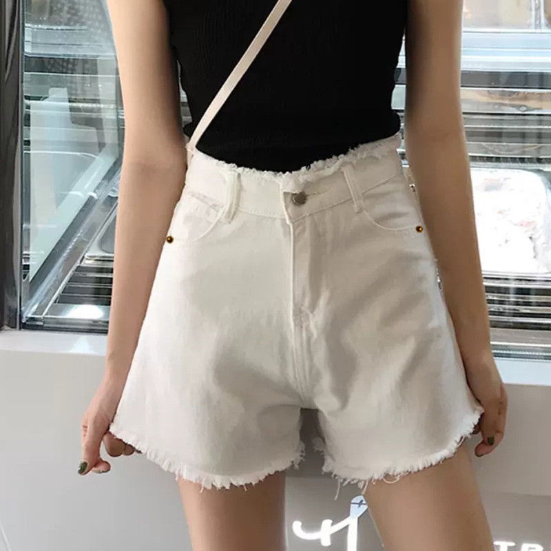[2.5折价67元]唐狮牛仔中短裤子女百搭米白色牛仔腰头毛边短裤休闲时尚牛仔热裤女