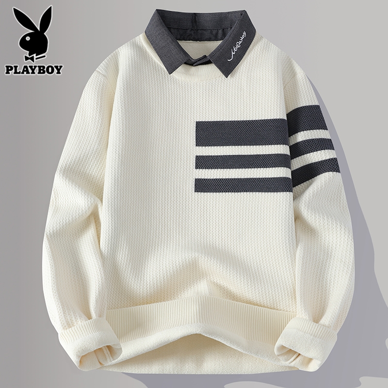 花花公子假两件毛衣男款冬季潮流衬衫领条纹刺绣内搭配针织衫男士 9970米色 3XL推荐161-170斤