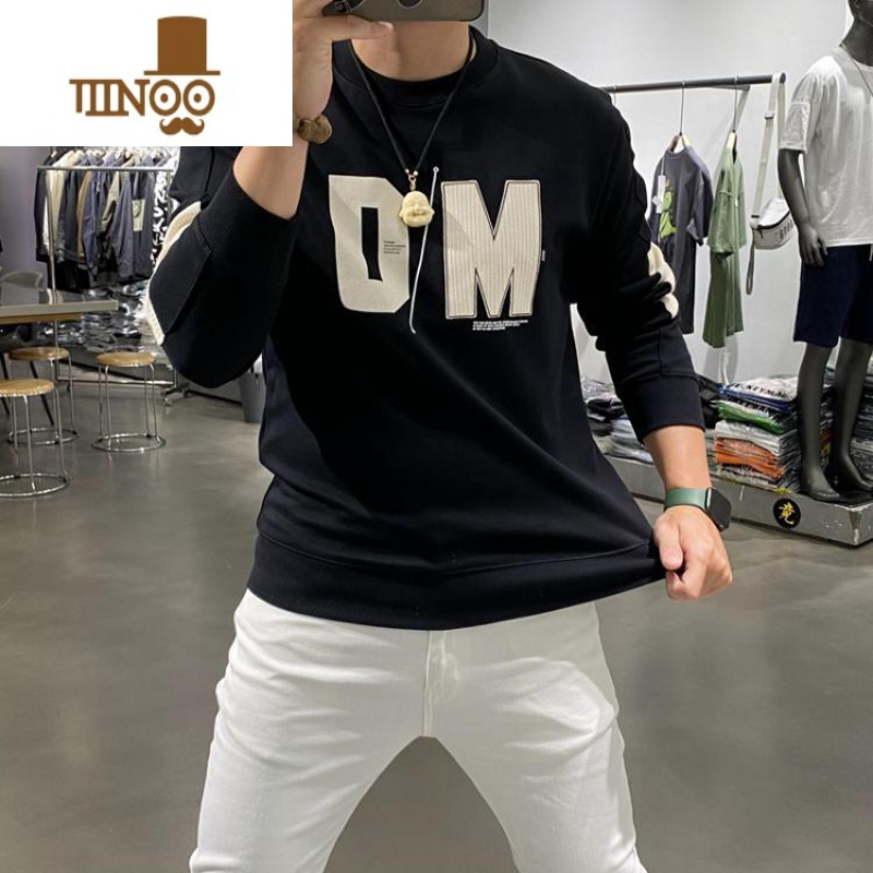 YANXU2023新款字母印花卫衣修身套头圆领长袖打底衫帅气上衣外套男高清大图