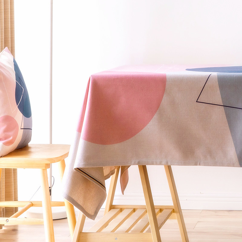 北欧ins几何桌布简约餐桌布艺防水防油网红家用棉麻长方形茶几布高清大图